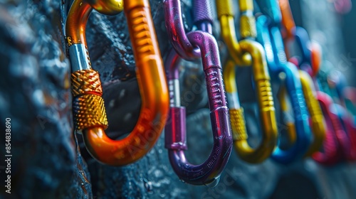 Colorful Carabiners on Rock Wall in Vibrant Climbing Scene photo