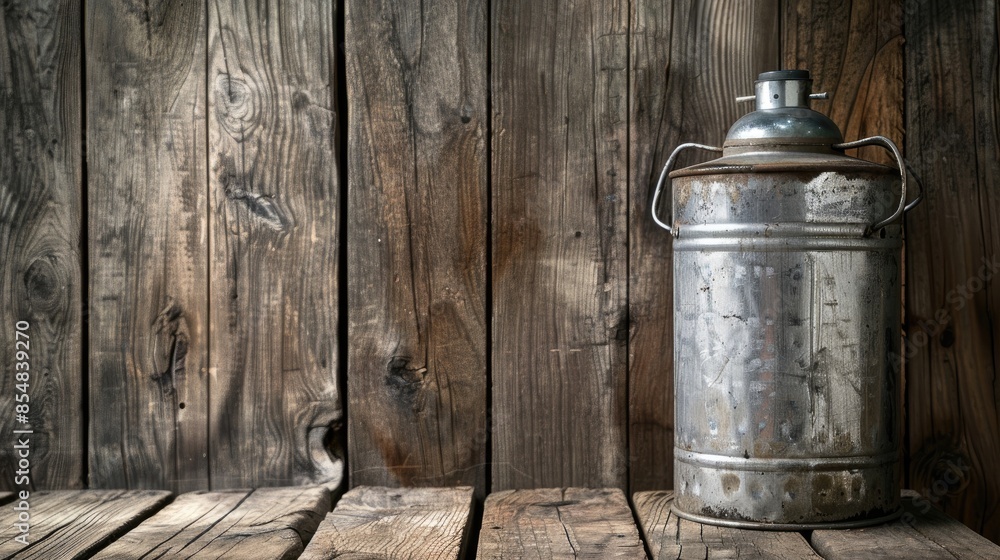 Old milk can made of aluminum placed on a wooden surface in a horizontal layout Old milk can made of aluminum placed on a wooden surface in a horizontal layout