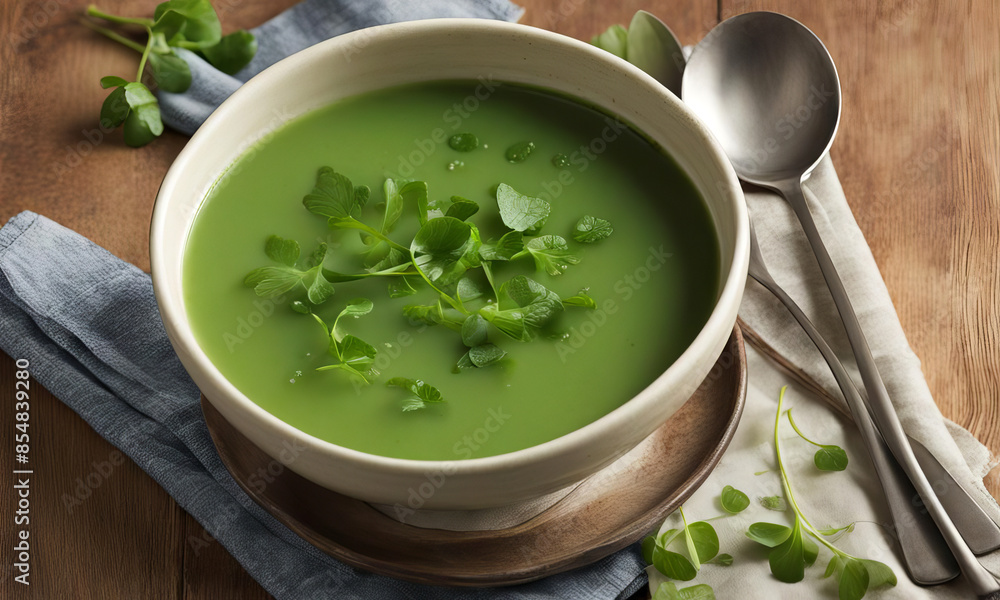 Organic watercress soup in bowl on wooden table, closeup view Organic watercress soup in bowl on wooden table, closeup view