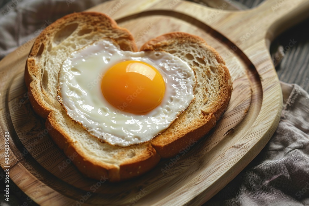A fresh egg placed in a heart-shaped bread, sitting on a cutting board A fresh egg placed in a heart-shaped bread, sitting on a cutting board