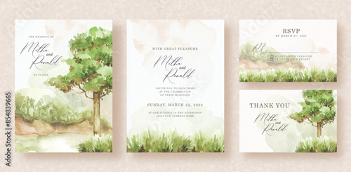 invitation with view of trees and green grass watercolor painting background