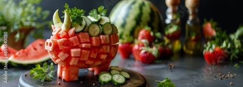 Creative Watermelon Pig with Fresh Vegetables. A creatively carved watermelon shaped like a pig, decorated with fresh cucumbers and herbs, surrounded by fruits and vegetables. Banner with copy space © Оксана Олейник