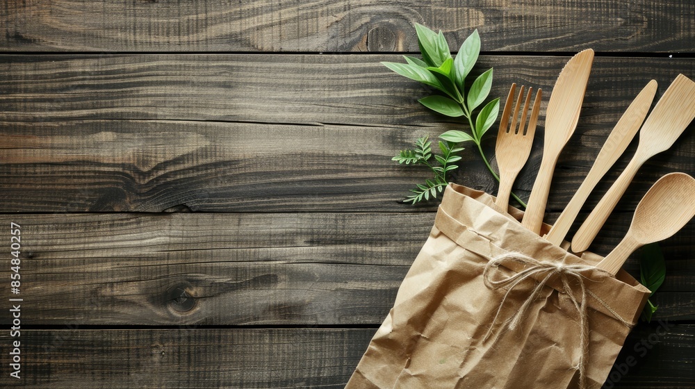 Eco friendly table setting with disposable cutlery in paper bag on wooden surface Eco friendly table setting with disposable cutlery in paper bag on wooden surface