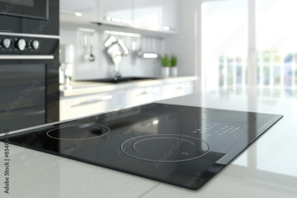 A black stove top sits on a kitchen counter A black stove top sits on a kitchen counter