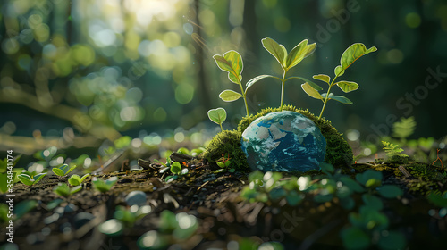 Small globe covered with moss and green plants in the forest