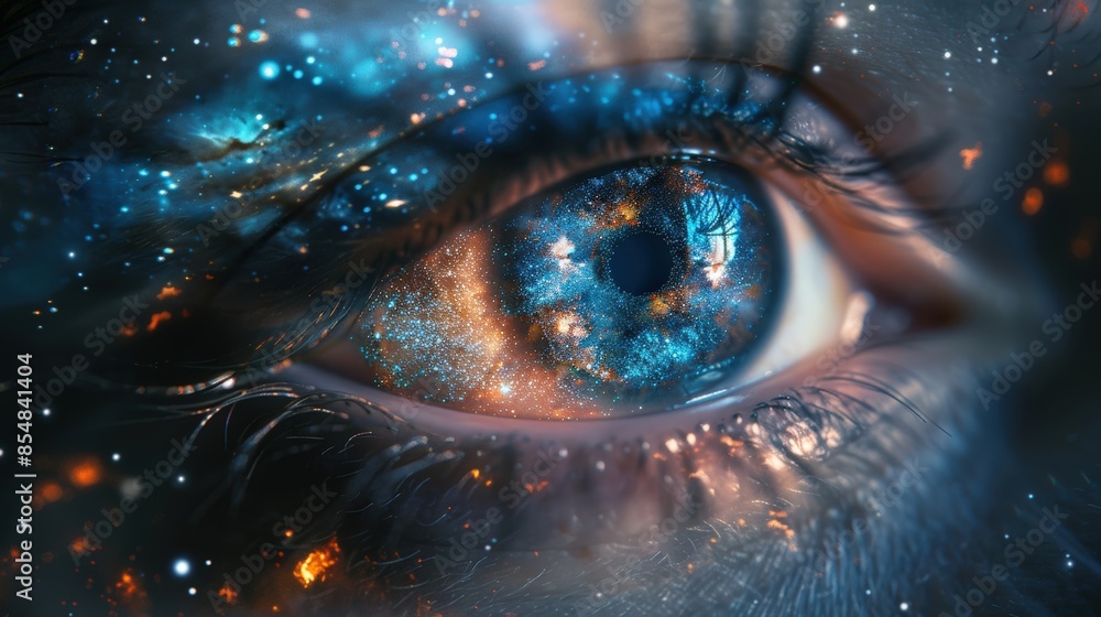 Close-Up of a Human Eye with a Galaxy Reflected in the Pupil, Capturing the Mystery and Wonder of the Universe Close-Up of a Human Eye with a Galaxy Reflected in the Pupil, Capturing the Mystery and Wonder of the Universe