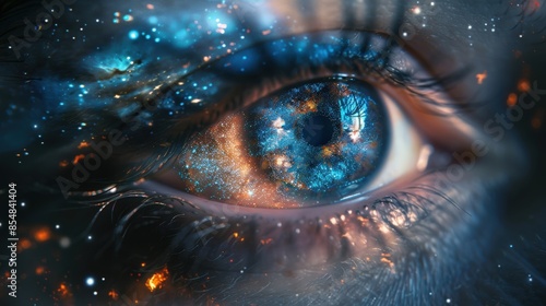 Close-Up of a Human Eye with a Galaxy Reflected in the Pupil, Capturing the Mystery and Wonder of the Universe