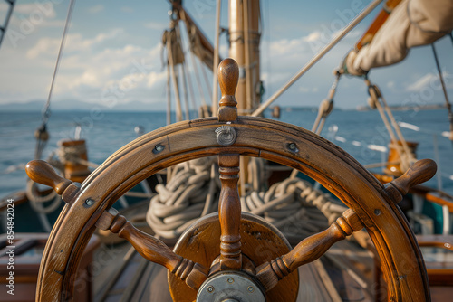 Steering wheel on the ship at sunset background. Skipper's wheel on an old ship. Ship rudder on the yacht, side view.