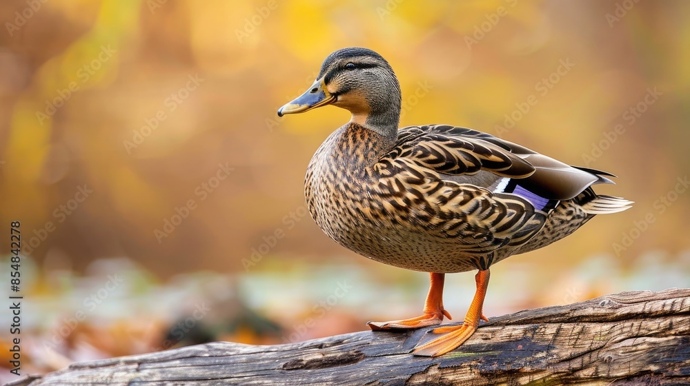Female mallard duck on one leg on log side view blurred background Female mallard duck on one leg on log side view blurred background