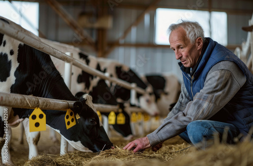 A middle-aged man with gray hair and facial stubble in a blue sleeveless vest is sitting on the ground feeding cows hay © Kien