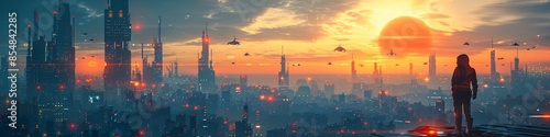 Urban panorama of a metropolitan skyline at sunset, featuring skyscrapers and city lights.