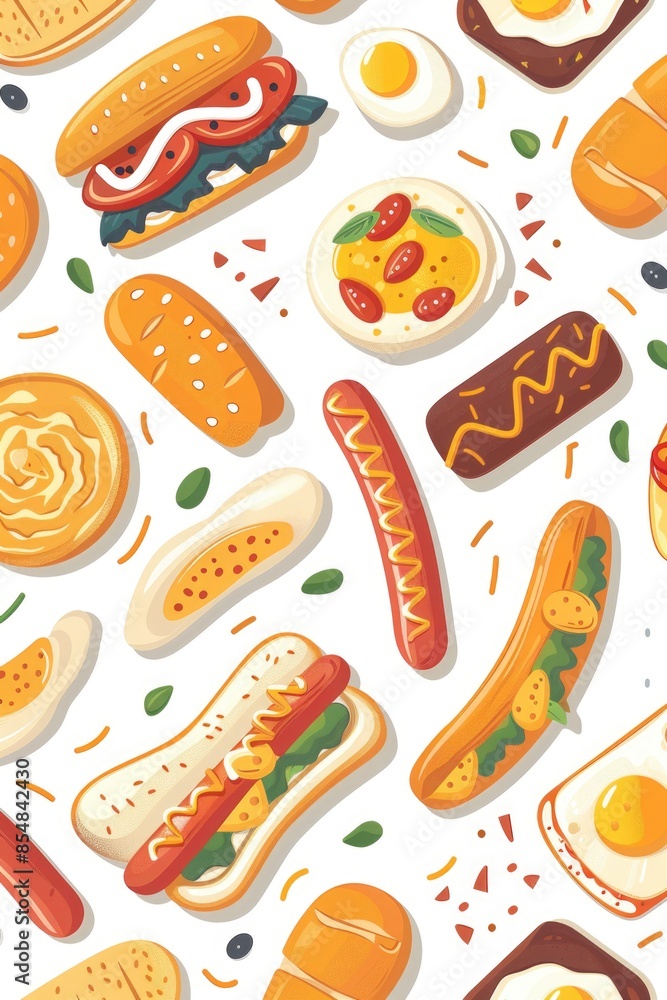 Assorted breakfast foods on a grill, including hot dogs, sandwiches, and eggs Assorted breakfast foods on a grill, including hot dogs, sandwiches, and eggs