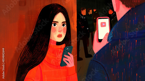 Woman discovers betrayal through phone in a dark, digital setting. Generative AI image