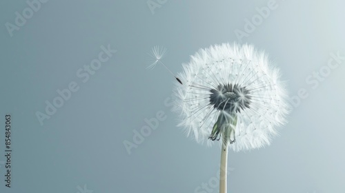 A close-up of a dandelion with its seeds blowing gently in the wind