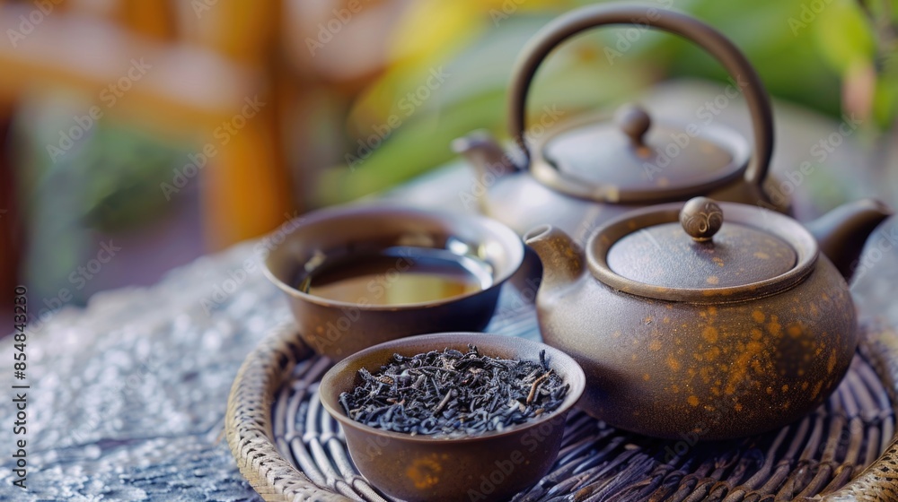 A tea pot and two cups of tea on a table, perfect for a cozy moment A tea pot and two cups of tea on a table, perfect for a cozy moment