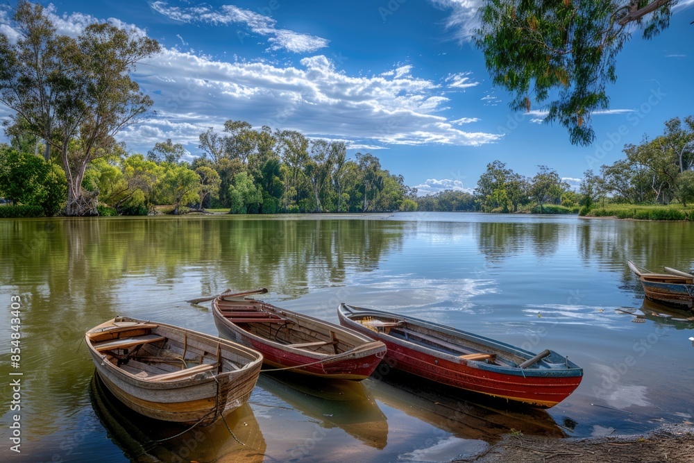 Obraz premium A group of boats resting on the surface of a calm lake, providing a serene and peaceful atmosphere