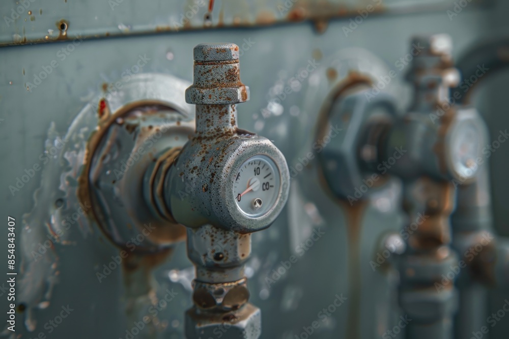 A close-up shot of a bunch of valves mounted on a wall, suitable for use in technical illustrations or industrial settings A close-up shot of a bunch of valves mounted on a wall, suitable for use in technical illustrations or industrial settings