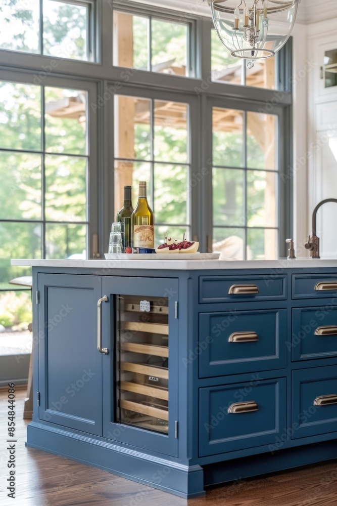 Fototapeta premium A modern kitchen with blue cabinets and a wine cooler, suitable for advertising or editorial use