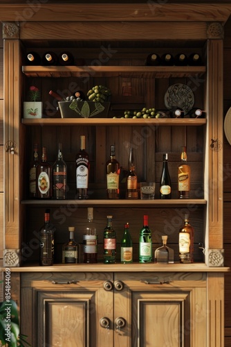 A wooden cabinet filled with various bottles of liquor and spirits