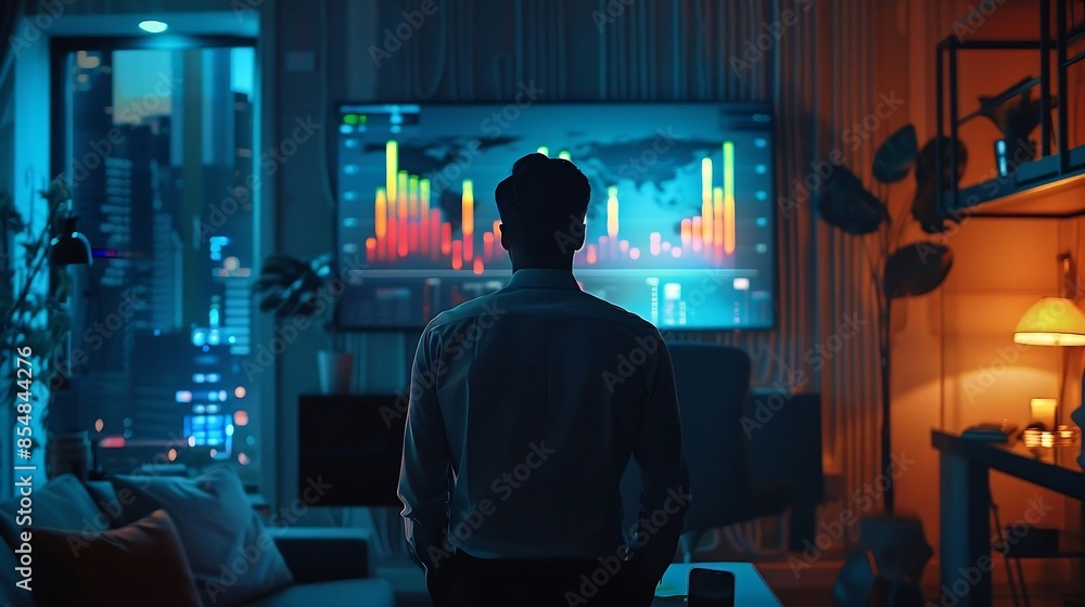 A man stands confidently, gazing intently at a dynamic LED business graph. His stance exudes determination and focus as he scrutinizes the fluctuating data points and trends illuminated on the vibrant A man stands confidently, gazing intently at a dynamic LED business graph. His stance exudes determination and focus as he scrutinizes the fluctuating data points and trends illuminated on the vibrant