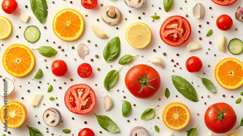 A vibrant and colorful arrangement of fresh ingredients, including sliced oranges, tomatoes, cucumbers, garlic cloves, basil leaves, and peppercorns, all set against a clean white background.