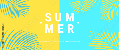 Creative summer sale banner in trendy bright colors with tropical leaves and discount text. Season promotion illustration.