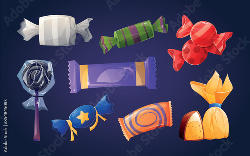 Multi-colored variety of candies, sweets and lollipops in bright wrappers. Set of vector isolated cartoon illustrations.