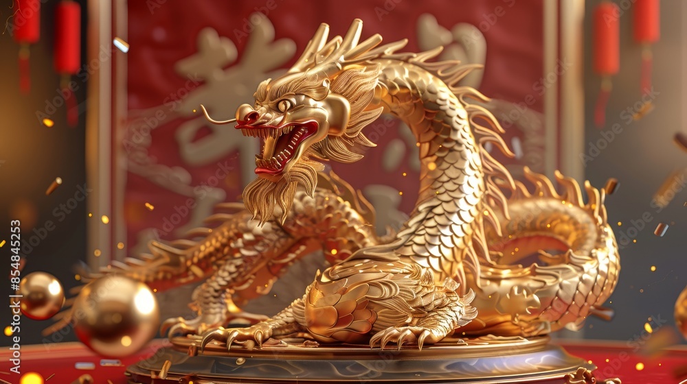 Gold 3D Chinese dragon 2024 lunar year podium banner illustration Gold 3D Chinese dragon 2024 lunar year podium banner illustration