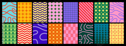 collection of textured vector backgrounds with simple and fun repeating patterns. Abstract colorful funky backgrounds for cards, posters, covers, banners, or branding.