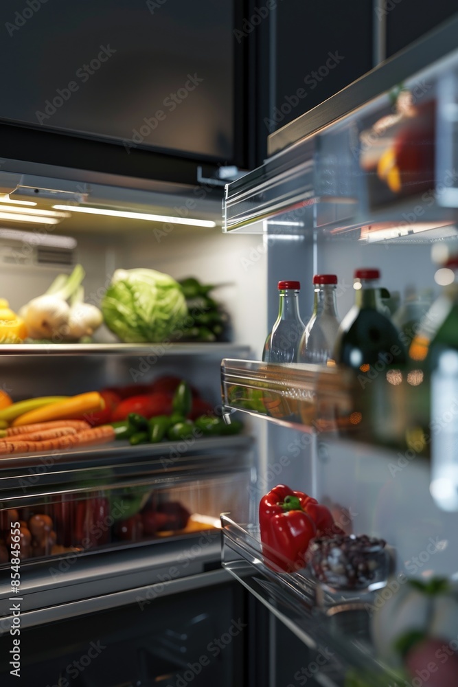 A refrigerator filled with various foods and drinks, perfect for editorial or commercial use A refrigerator filled with various foods and drinks, perfect for editorial or commercial use
