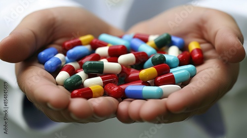 Multicolored capsules in hands. Hands holding various colored pills. Healthcare and medication concept.