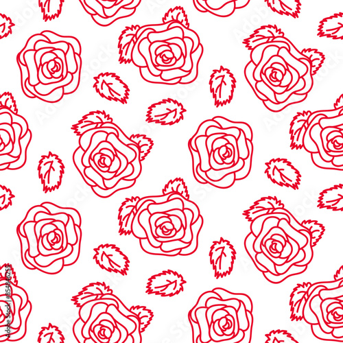 Pattern from a doodle illustration in the form of a pink rose with leaves. Seamless hand-drawn drawing with a wide line. shades of pink on white Romantic silhouette for a holiday on wedding cards