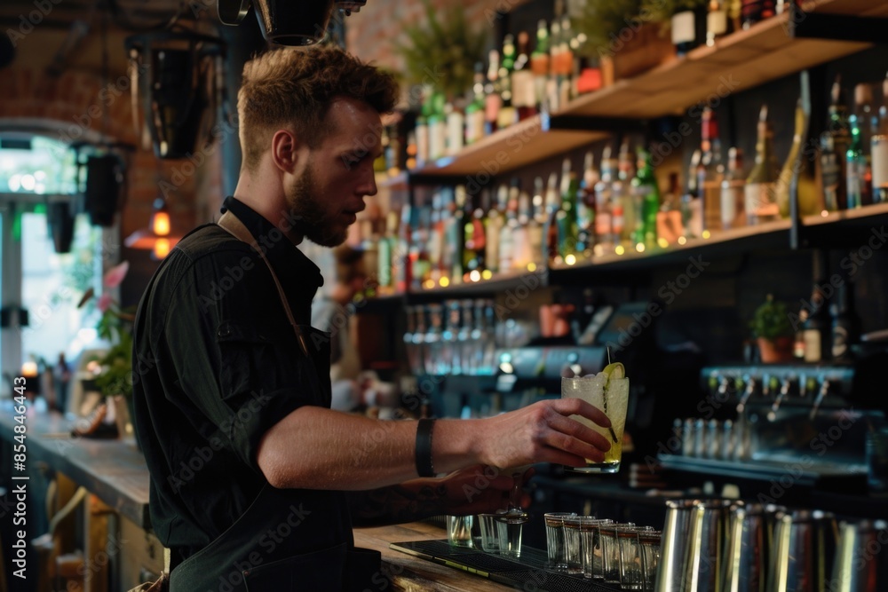 A person pouring a drink behind a bar counter, often used in nightlife or social event scenes A person pouring a drink behind a bar counter, often used in nightlife or social event scenes