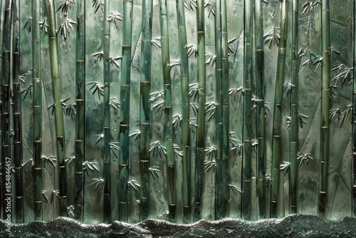 A bas-relief sculpture showcasing a serene bamboo forest in Kyoto, with towering green stalks creating a peaceful atmosphere photo