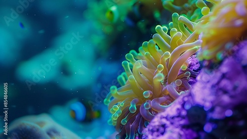 A vibrant sea anemone with glowing tentacles sways underwater, showcasing the colorful beauty of marine life on a coral reef. 