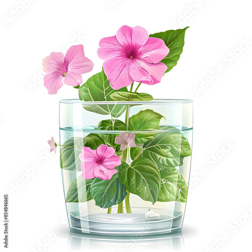 Clipart illustration of impatiens growing in water in a clear glass pot, on a white background, suitable for home decoration.[A-0003] photo