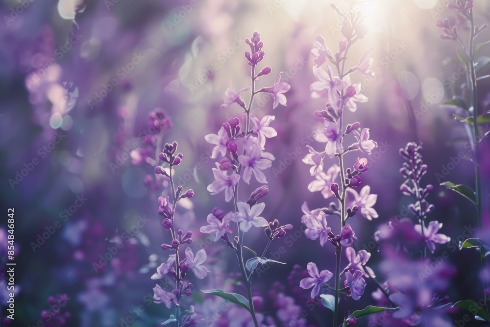 A field of purple flowers with the sun shining in the background A field of purple flowers with the sun shining in the background