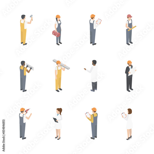 Isometric set of construction workers, builders and engineer characters. People lay bricks, paint walls and drill vector illustration set. Builders with construction equipment. 