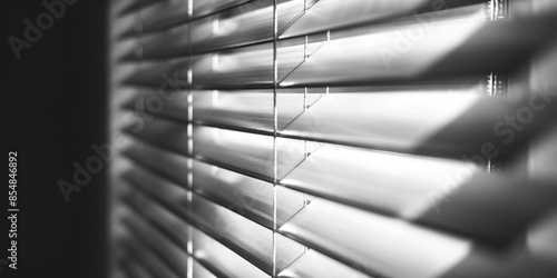 A black and white photograph of a window with closed blinds