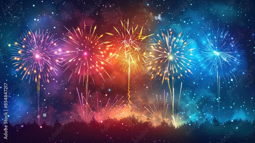 Fototapeta premium Colorful Fireworks Display Exploding Against a Starry Night Sky with Silhouetted Trees in the Foreground.