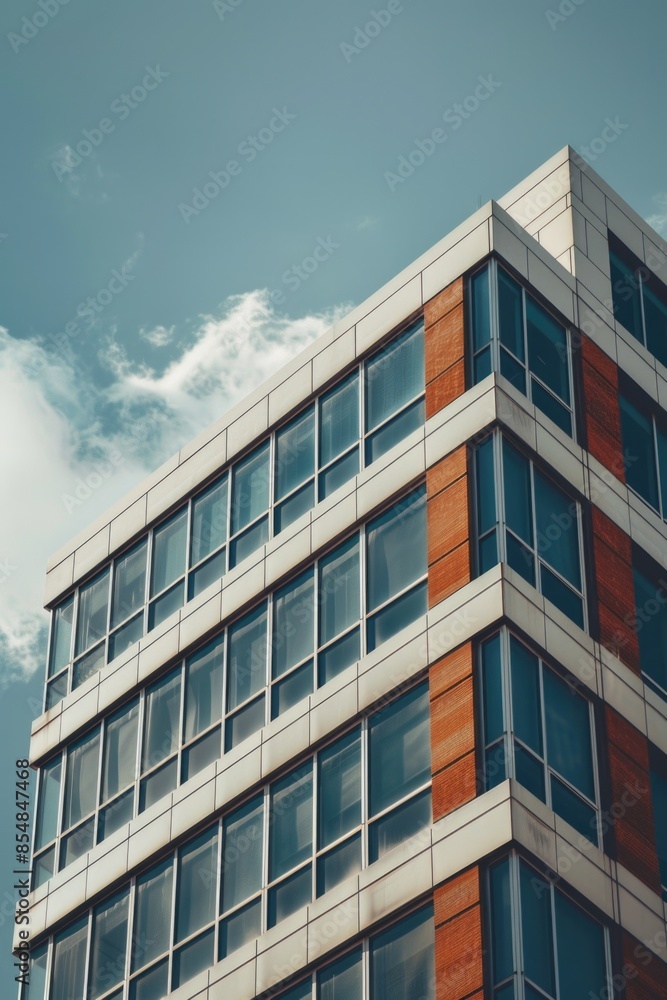 A high-rise building with numerous windows against a clear blue sky, suitable for use in architectural or cityscape images A high-rise building with numerous windows against a clear blue sky, suitable for use in architectural or cityscape images