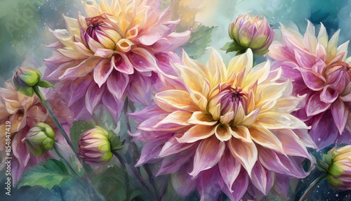 Beautiful digital illustration close up of a bunch of Dahlia flowers, oil painting floral bouquet