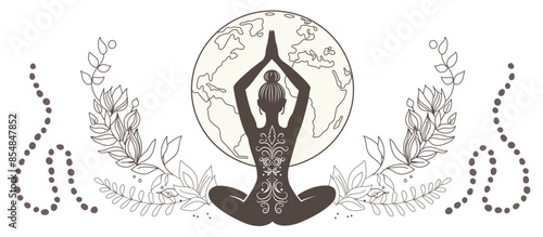 International Yoga Day. Horizontal monochrome banner with a silhouette of a girl in a lotus field. Peace, planet, balance. Vector graphics.