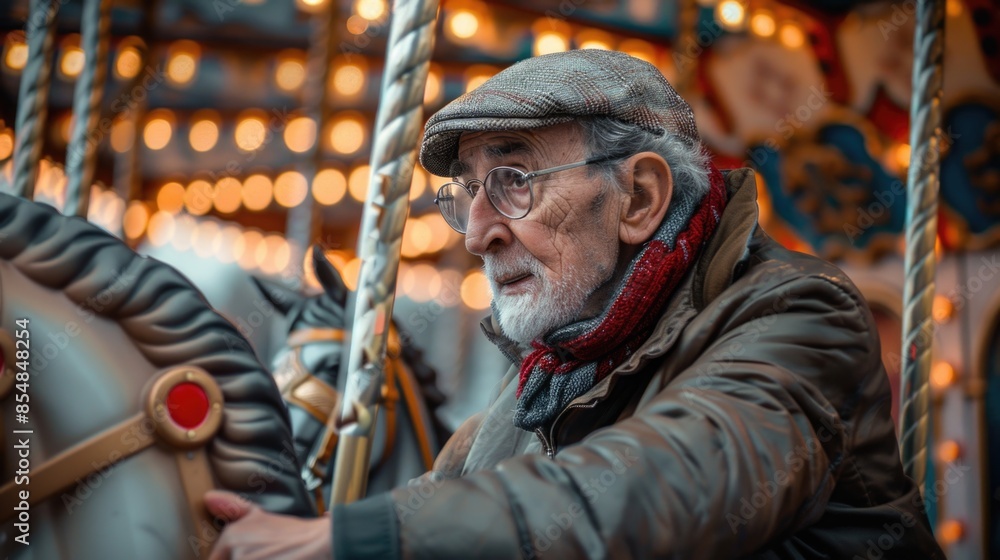 A person enjoying the ride on a colorful merry-go-round, surrounded by horses and other animals A person enjoying the ride on a colorful merry-go-round, surrounded by horses and other animals