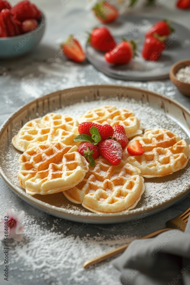 A warm waffle topped with fresh strawberries and powdered sugar, perfect for breakfast or brunch A warm waffle topped with fresh strawberries and powdered sugar, perfect for breakfast or brunch