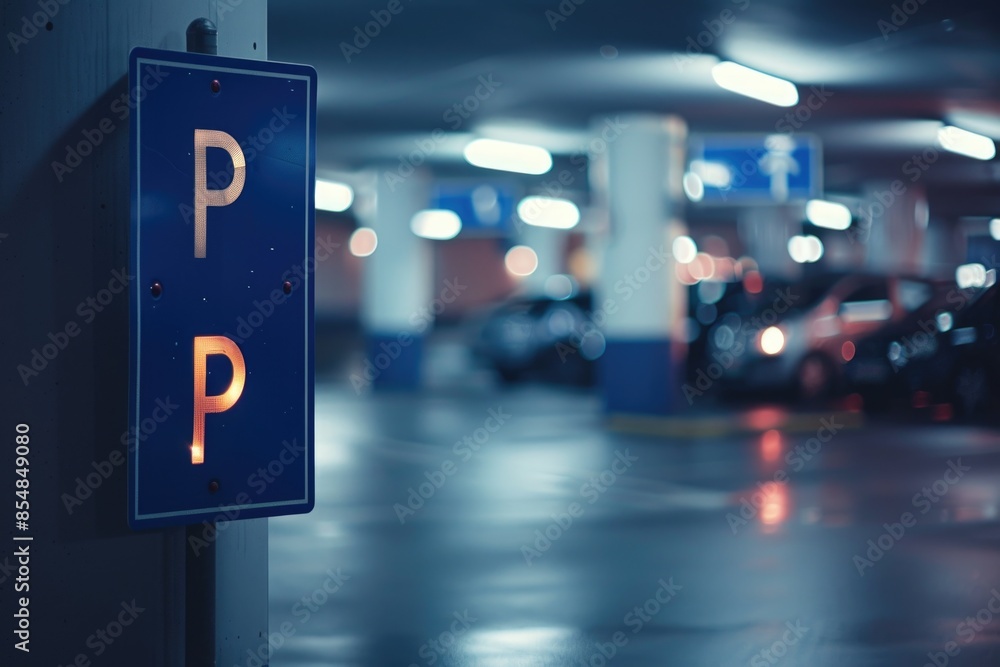 A blue parking sign sits on the side of a wall, providing clear visual guidance for drivers A blue parking sign sits on the side of a wall, providing clear visual guidance for drivers