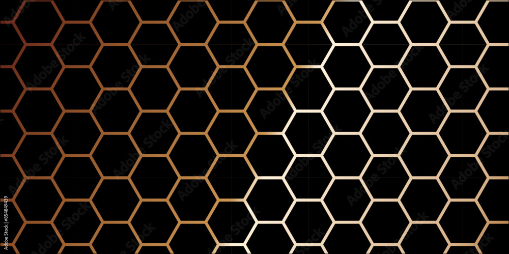 Abstract 3d background with hexagons backdrop background. Gold hexagon seamless geometric pattern vector. Luxury hexagonal pattern abstract black background with colorful gradient light lines. Abstract 3d background with hexagons backdrop background. Gold hexagon seamless geometric pattern vector. Luxury hexagonal pattern abstract black background with colorful gradient light lines.