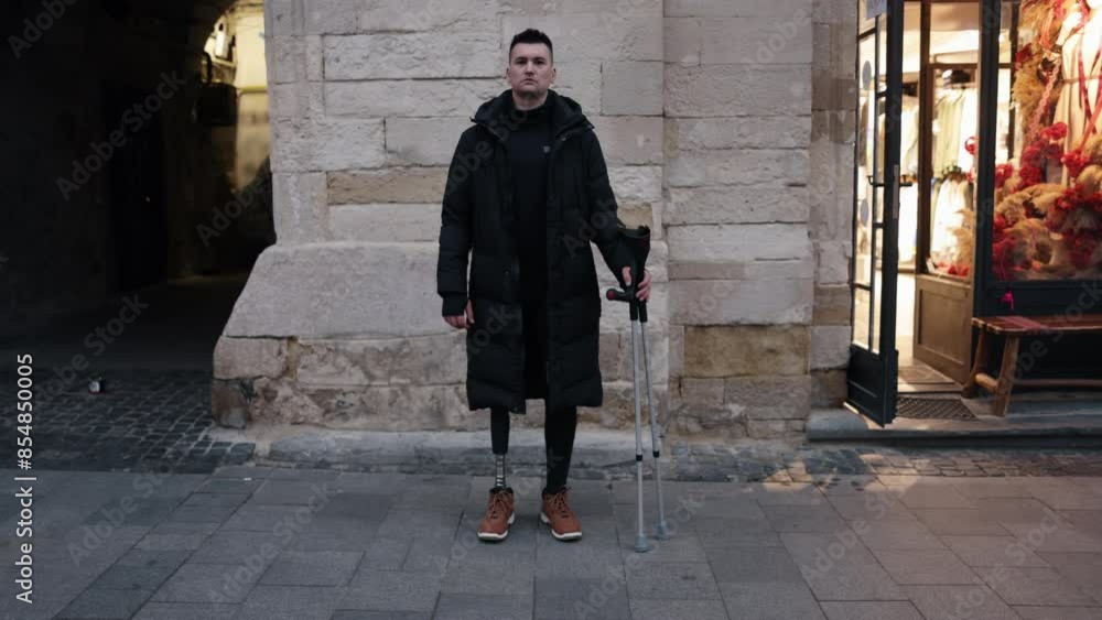 Prosthetic leg, Urban scene, Robotic limb. Man wearing black coat ...