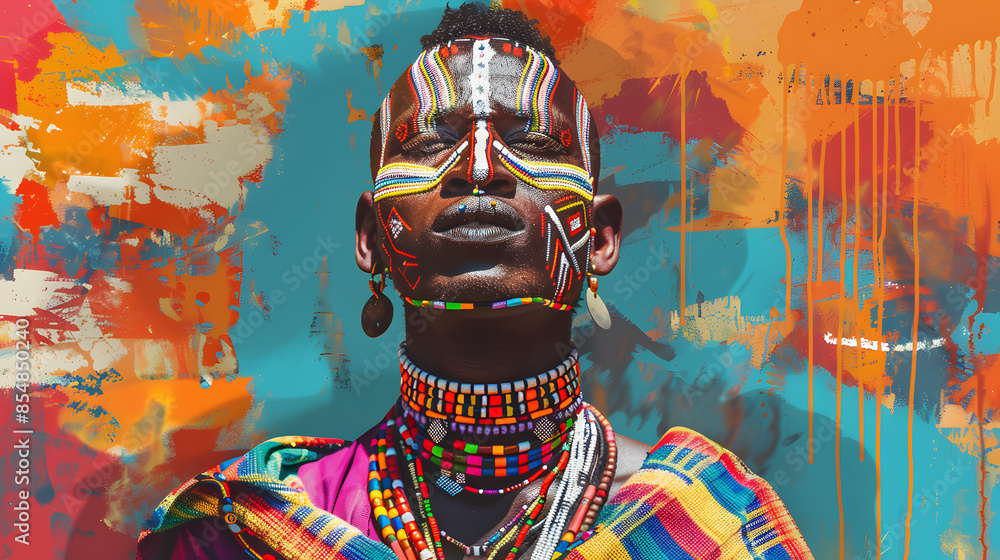 Fototapeta premium A Maasai warrior painted in bright colors, adorned with beads, illustration.
