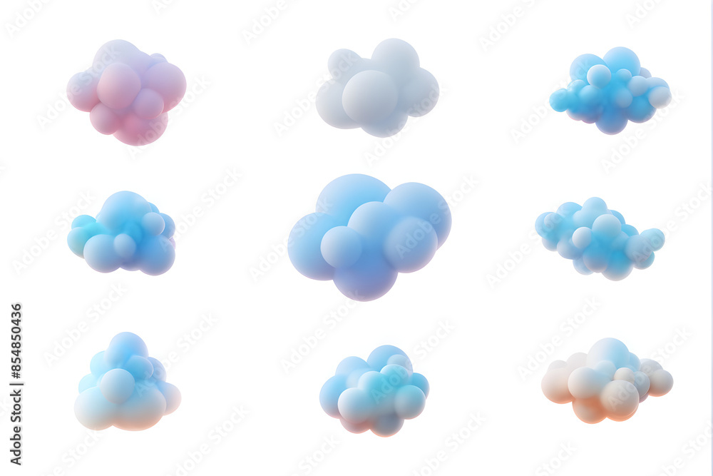 3d render. Collection of random shapes of abstract clouds. Cumulus different views clip art isolated on white background. 3d render. Collection of random shapes of abstract clouds. Cumulus different views clip art isolated on white background.